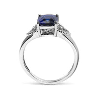 .925 Sterling Silver 9X7 mm Cushion Cut Blue Sapphire and White Diamond Step up Engagement Ring (I-J Color, I3 Clarity)