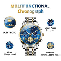 OLEVS Men's Watches Classic Multifunctional Fltwheel Chronograph Original Quartz Wristwatch Moon Phase 24 Hour Waterproof Mens Casual Gentlemens watch