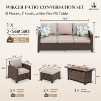 Furniture Set with Fire Pit Table, 6 Pieces Outdoor Wicker Conversation Set for Garden, Poolside, Backyard Mesa Plegable Jardin