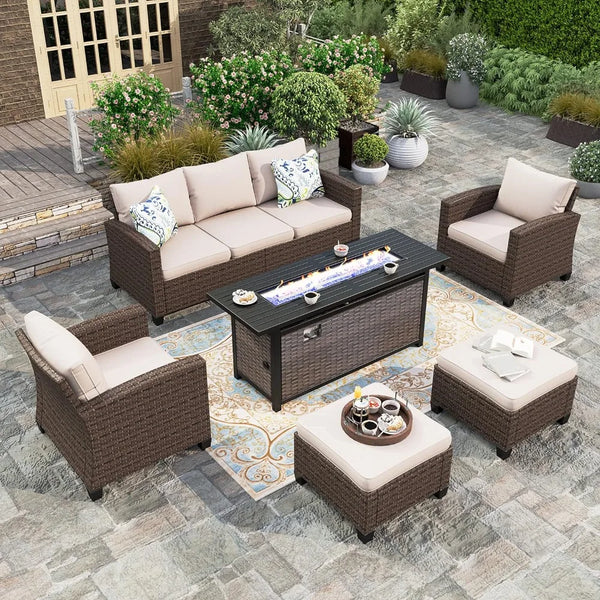 Furniture Set with Fire Pit Table, 6 Pieces Outdoor Wicker Conversation Set for Garden, Poolside, Backyard Mesa Plegable Jardin
