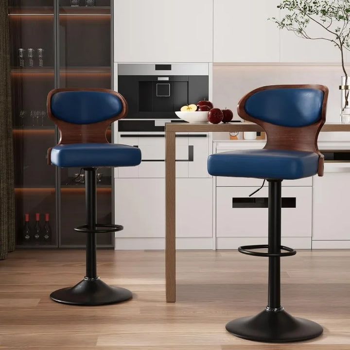Fancy Bar Stools,  2 -Bentwood Swivel Barstools with Back & Footrest - PU Leather Upholstered Bar Stools