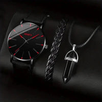 3pcs Set Fashion Mens Watches Luxury Casual Leather Quartz Wristwatch, Men Business Sports Wrist Watch Bracelet Necklace Set