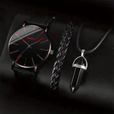 3pcs Set Fashion Mens Watches Luxury Casual Leather Quartz Wristwatch, Men Business Sports Wrist Watch Bracelet Necklace Set