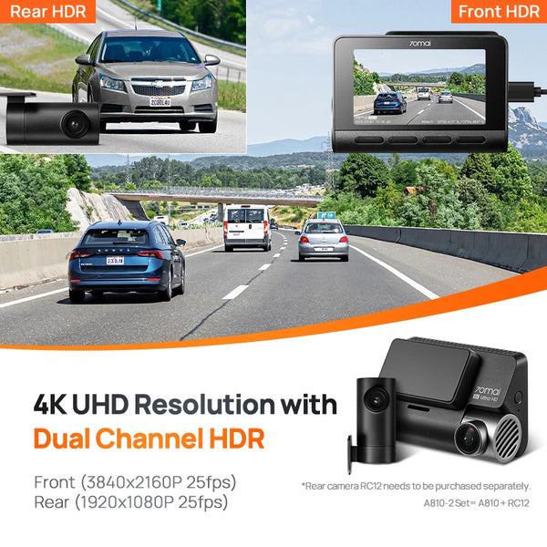 The New Global 70mai Dash Cam A810 Ultra HD 4K Built-in GPS ADAS Auto Record 150FOV Motion Detection 70mai A810 Car DVR Support Rear Cam