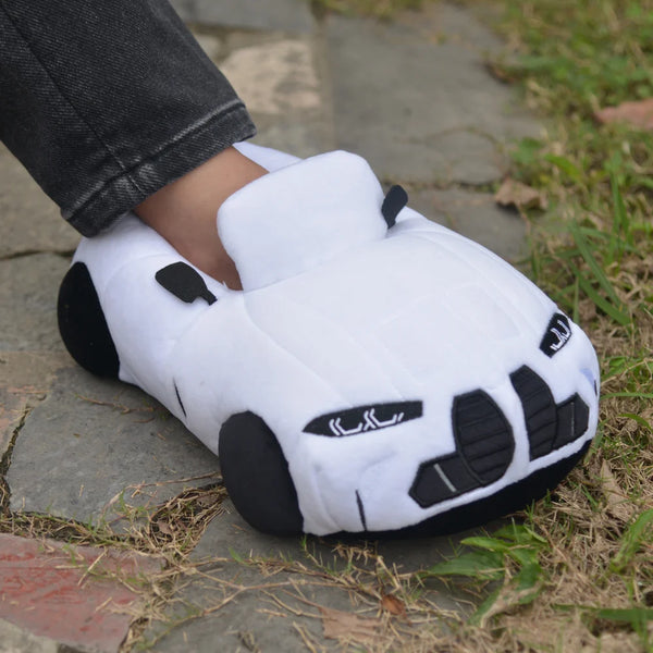 Race car slippers, cartoon style Race car vehicle slippers, mens womens cozy slippers, Plush slippers Race car effect