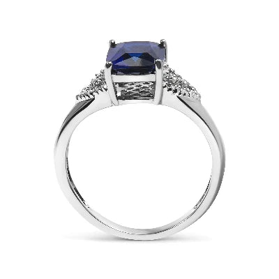 .925 Sterling Silver 9X7 mm Cushion Cut Blue Sapphire and White Diamond Step up Engagement Ring (I-J Color, I3 Clarity)