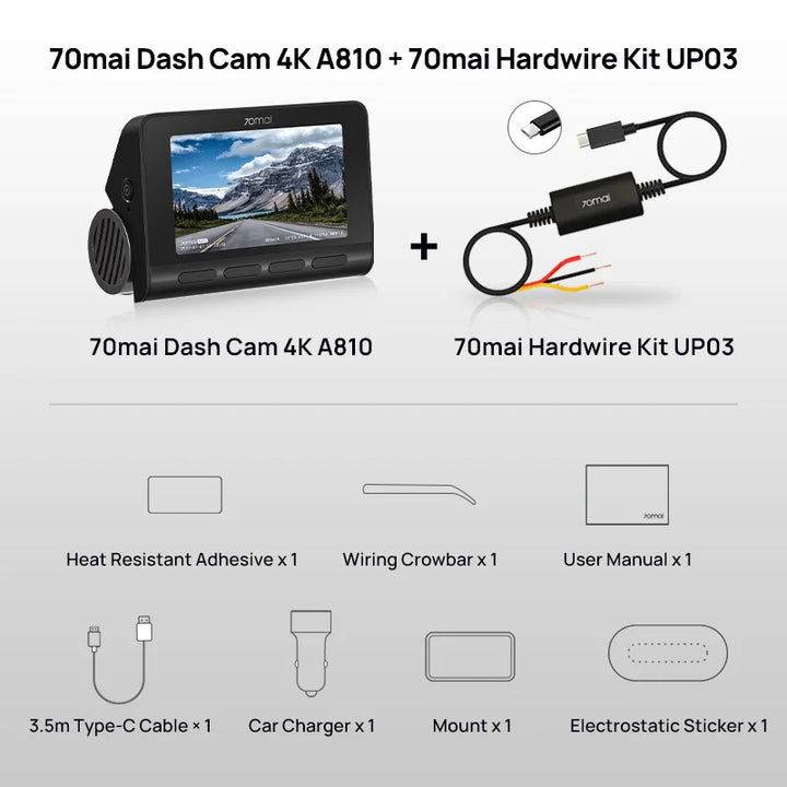 The New Global 70mai Dash Cam A810 Ultra HD 4K Built-in GPS ADAS Auto Record 150FOV Motion Detection 70mai A810 Car DVR Support Rear Cam
