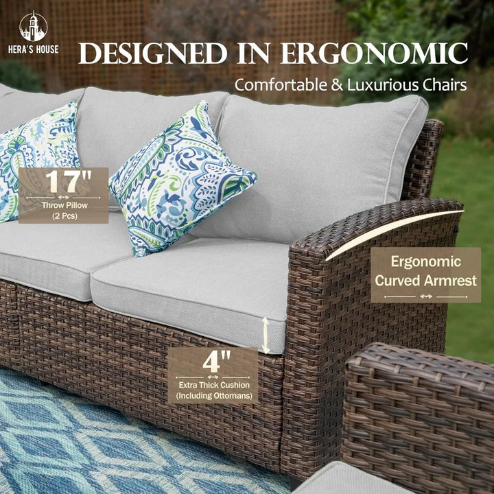 Furniture Set with Fire Pit Table, 6 Pieces Outdoor Wicker Conversation Set for Garden, Poolside, Backyard Mesa Plegable Jardin