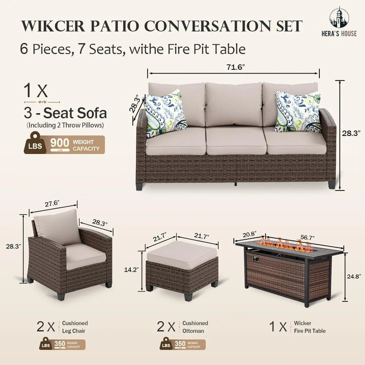 Furniture Set with Fire Pit Table, 6 Pieces Outdoor Wicker Conversation Set for Garden, Poolside, Backyard Mesa Plegable Jardin
