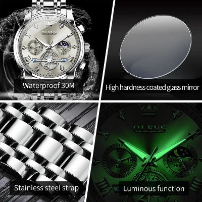 OLEVS Men's Watches Classic Multifunctional Fltwheel Chronograph Original Quartz Wristwatch Moon Phase 24 Hour Waterproof Mens Casual Gentlemens watch