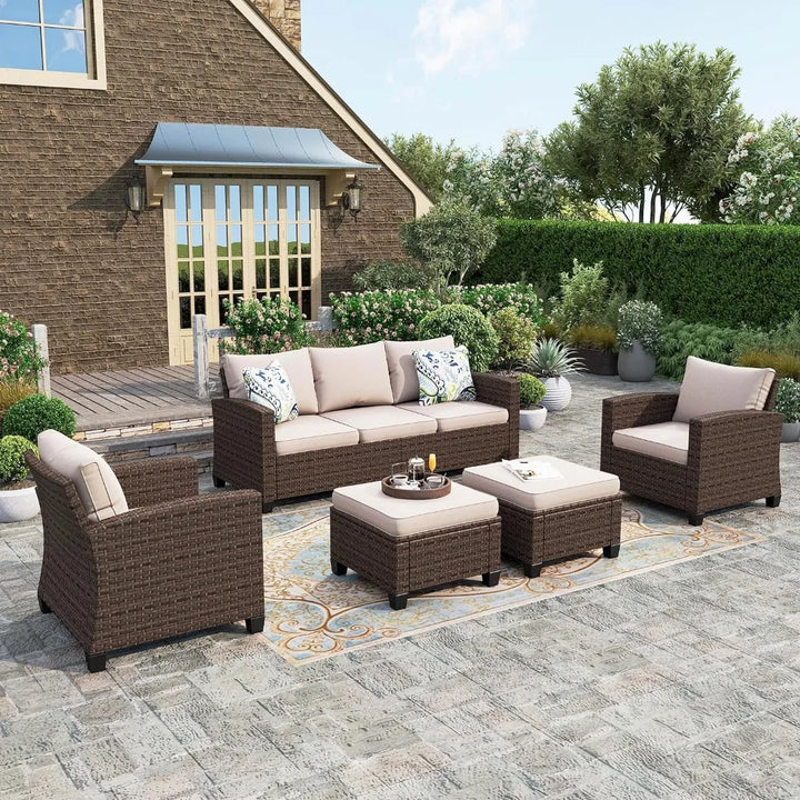 Furniture Set with Fire Pit Table, 6 Pieces Outdoor Wicker Conversation Set for Garden, Poolside, Backyard Mesa Plegable Jardin
