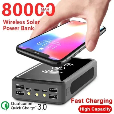 Solar Wireless Power Bank Portable 80000mAh Charger 4USB External Battery Flashlight for Xiaomi IPhone Samsung