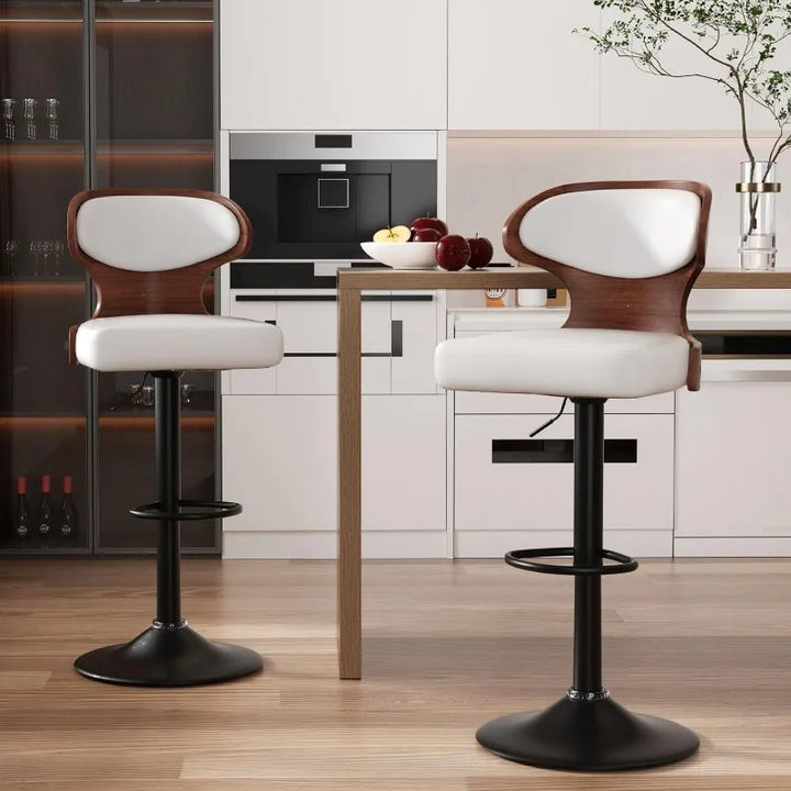 Fancy Bar Stools,  2 -Bentwood Swivel Barstools with Back & Footrest - PU Leather Upholstered Bar Stools