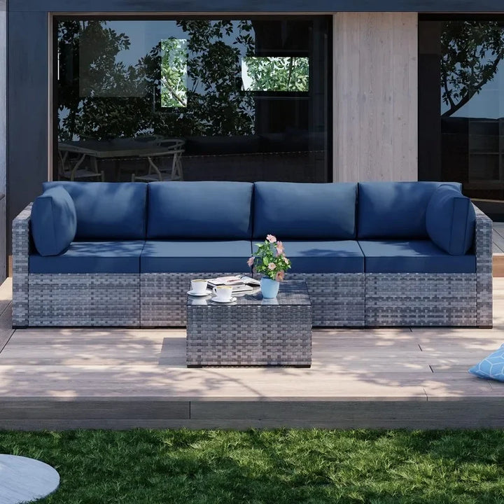 Gorgeous new 5 Pieces Outdoor Patio Sectional Sofa Couch, Silver Gray PE Wicker Furniture Conversation Sets with Washable Cushions