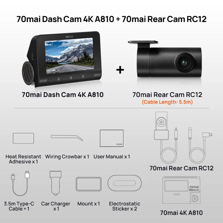 The New Global 70mai Dash Cam A810 Ultra HD 4K Built-in GPS ADAS Auto Record 150FOV Motion Detection 70mai A810 Car DVR Support Rear Cam