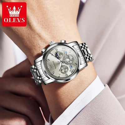OLEVS Men's Watches Classic Multifunctional Fltwheel Chronograph Original Quartz Wristwatch Moon Phase 24 Hour Waterproof Mens Casual Gentlemens watch