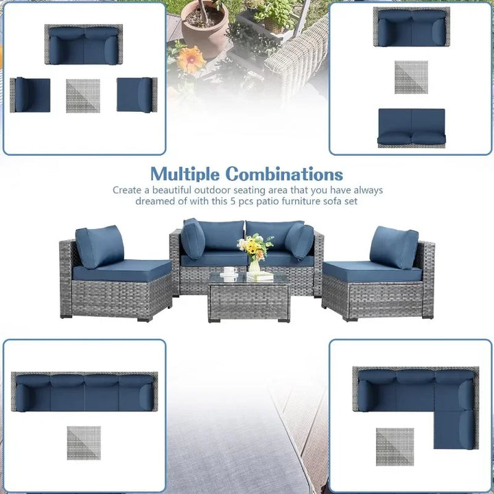 Gorgeous new 5 Pieces Outdoor Patio Sectional Sofa Couch, Silver Gray PE Wicker Furniture Conversation Sets with Washable Cushions