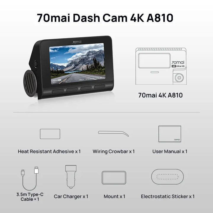 The New Global 70mai Dash Cam A810 Ultra HD 4K Built-in GPS ADAS Auto Record 150FOV Motion Detection 70mai A810 Car DVR Support Rear Cam